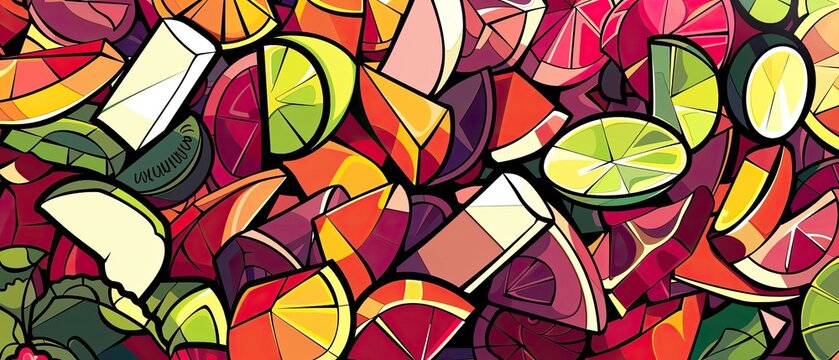 Colorful abstract illustration of sliced citrus fruits, showcasing vibrant geometric shapes and a lively, fresh feel. Ideal for design projects.