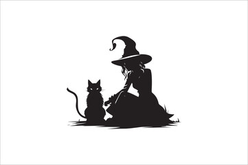 witch silhouette illustration. Halloween witch silhouette. A Silhouette of Witch with Broom.