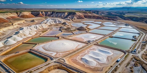 Aerial view of a salt mine with intricate patterns of salt formations , salt mine, aerial view