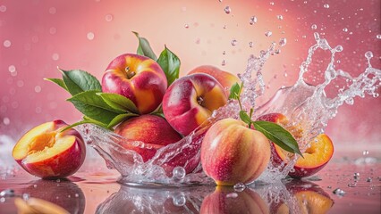 Fresh peaches with water splash, in a pink aesthetic setting, fresh, peaches, water splash, pink, aesthetic, fruit, juicy