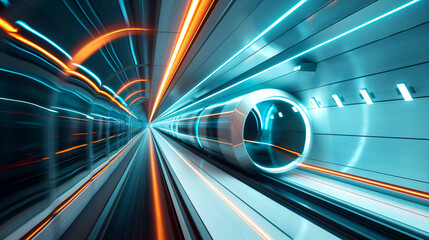 Futuristic aerodynamic train on railway traveling through empty tunnel. AI generated