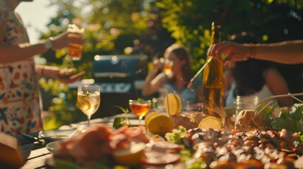 Friends are having a barbecue party in a green garden, enjoying food and drinks on a sunny summer day
