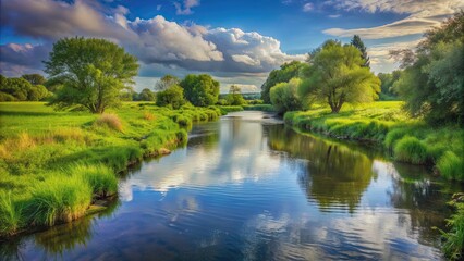 Obraz premium A serene river flowing through a lush, wet landscape, river, flowing water, natural, landscape, wetlands, wild, serene, tranquil