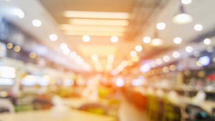 Blurred background shopping mall light bokeh business event in retail store. Blurry abstract background of store grocery. Blur Convention hall center audience present display goods products on shelf.