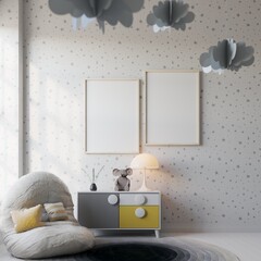 Mock up poster in children bedroom interior background, scandinavian style, 3D render