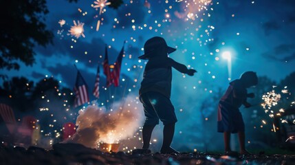 Youngsters celebrating the 4th of july at night with fireworks and american flags in the background