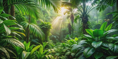 Fototapeta premium Lush, green tropical forest with a variety of plant life and natural light filtering through the canopy, nature, environment