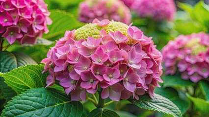 Fototapeta premium Large-leaved hydrangea with pink flowers and green inflorescences, an ornamental shrub, hydrangea