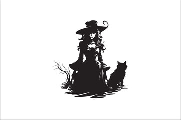 witch silhouette illustration. Halloween witch silhouette. A Silhouette of Witch with Broom.