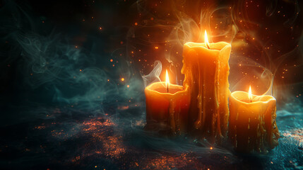 Three burning candles with smoke and sparkles