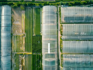 Aerial view of a hightech greenhouse complex, automated systems, yearround crop production, aerial farm, agricultural technology