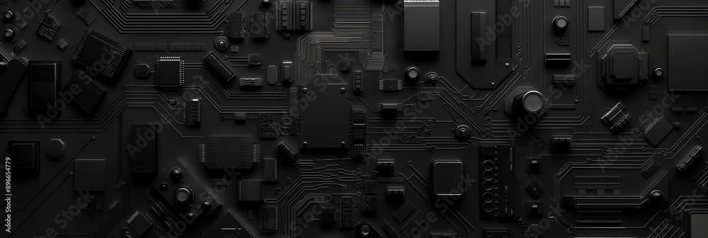 Poster Black circuit board showing data transferring with processors and chips