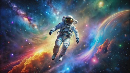 Fototapeta premium Astronaut floating in space surrounded by colorful galaxies and stars, astronaut, space, universe, exploration, stars