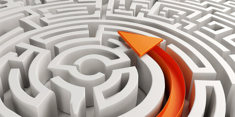 Orange arrow finding the way out of a circular maze