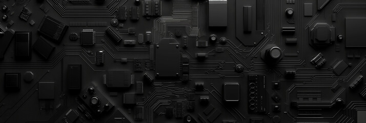 Black circuit board showing data transferring with processors and chips