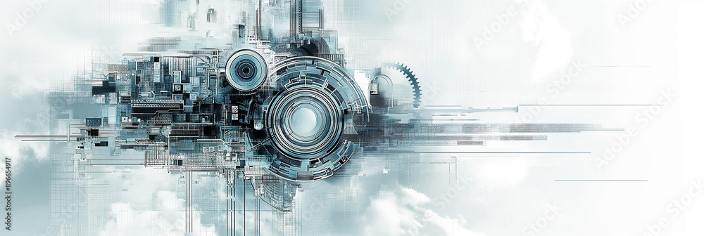 Poster Abstract technology background with gears and circles moving on cloud