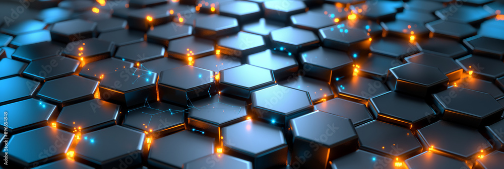 Leinwandbilder abstract dark hexagonal surface with orange particles spreading from it