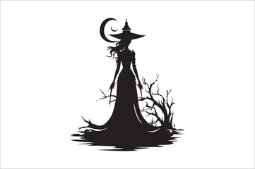 witch silhouette illustration. Halloween witch silhouette. A Silhouette of Witch with Broom.