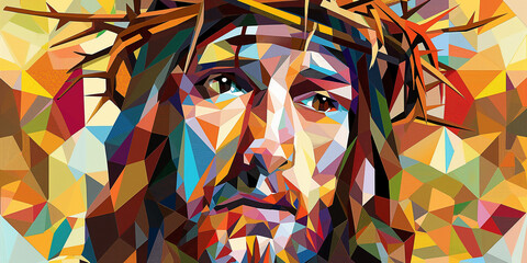 Jesus christ wearing crown of thorns looking up in modern polygonal art