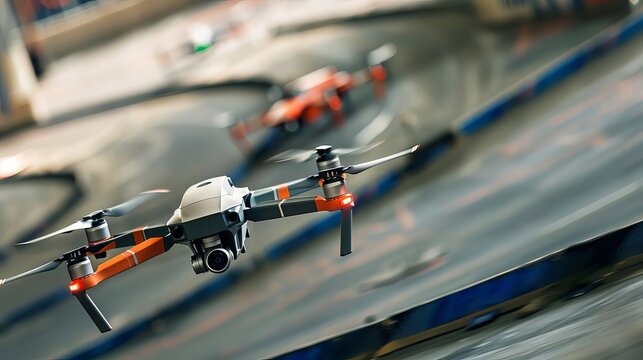 Aerial view of a drone racing event, highspeed drones, challenging course, sport, drone sports