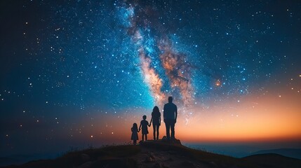 Family standing on the edge of a cliff, looking at the starry sky