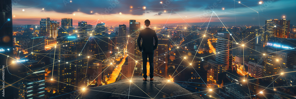 Poster businessman standing on top of building looking at city with network connection
