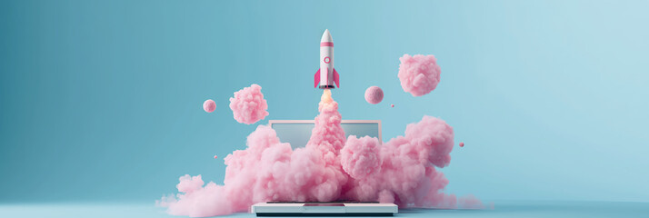 Pink rocket launching from laptop with smoke exploding concept