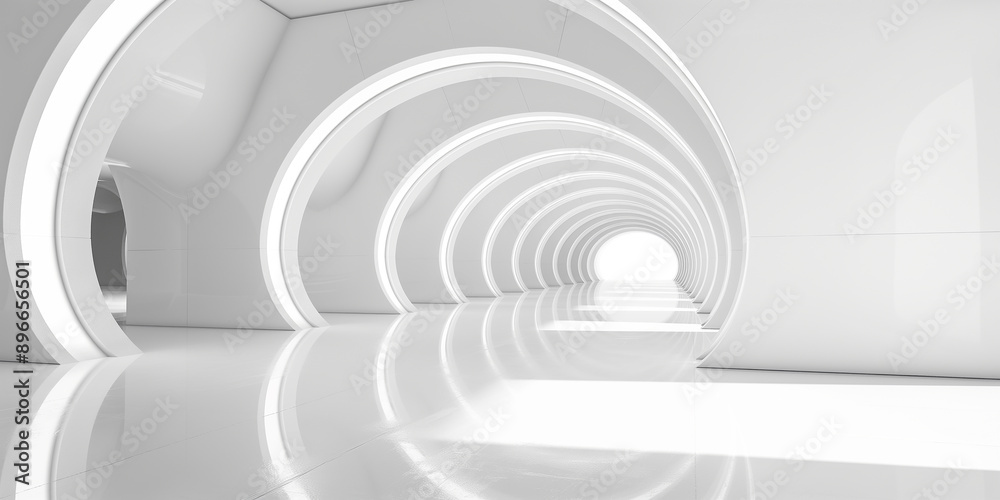 Poster white modern empty hallway with round shaped walls leading to light at the end