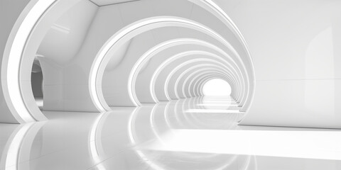 Obraz premium White modern empty hallway with round shaped walls leading to light at the end