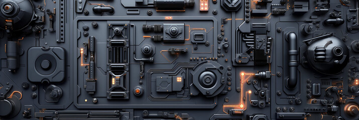 Fototapeta premium Complex industrial circuit board with orange lights glowing