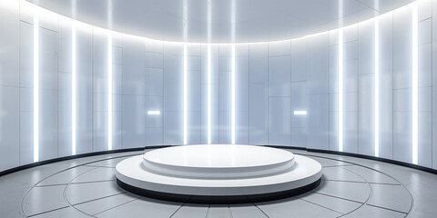 Obraz premium Empty round stage illuminated by neon lights in a futuristic design room