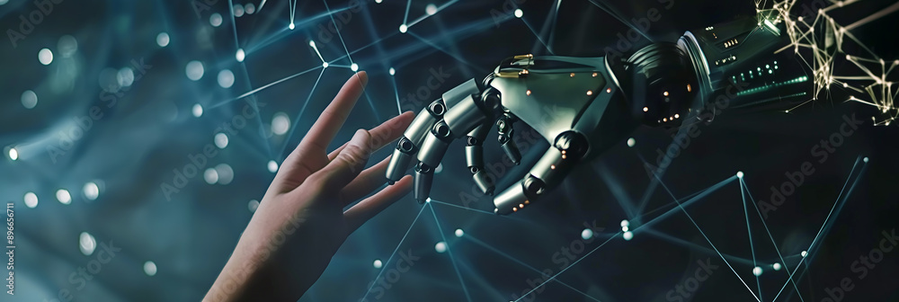 Aufkleber human hand reaching out to artificial intelligence robot hand in technological network