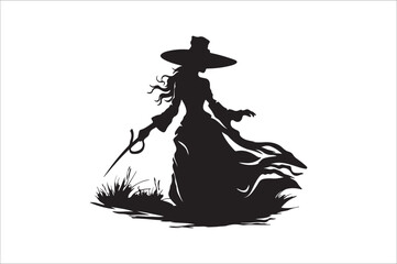 witch silhouette illustration. Halloween witch silhouette. A Silhouette of Witch with Broom.