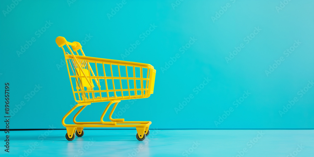 Poster empty shopping cart sitting on blue background with copy space