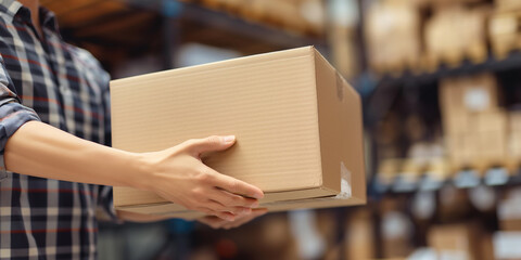 Warehouse worker carefully carrying a cardboard box in a storage room
