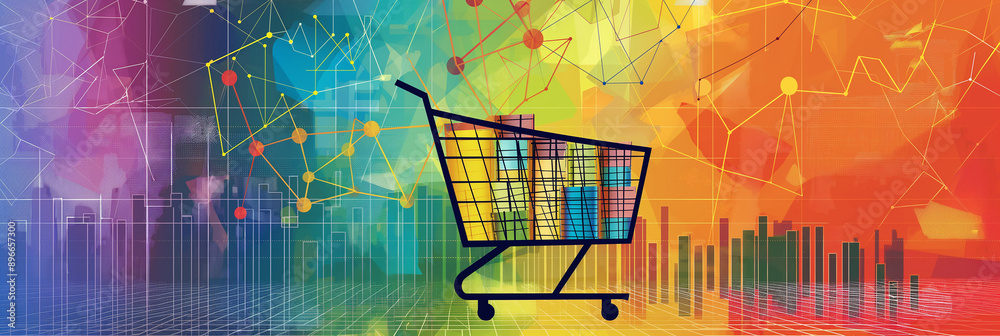 Poster shopping cart standing on futuristic cityscape with charts and graphs
