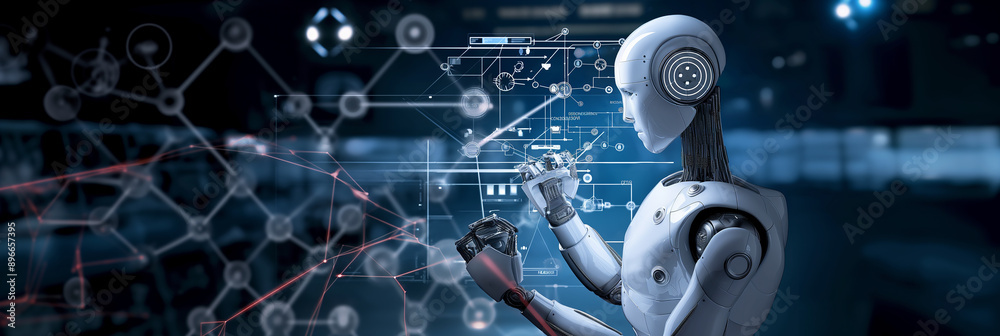 Poster Robot analyzing data connecting points artificial intelligence concept