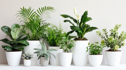 Obraz premium Indoor gardening with white potted houseplants on white surface