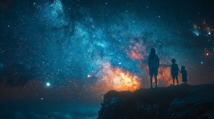 Fototapeta premium Family standing on the edge of a cliff, looking at the starry sky