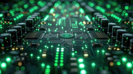 Obraz premium A close-up view of a green circuit board, highlighting intricate patterns and components, representing modern technology and electronics.
