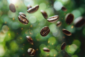 Coffee beans falling into the air