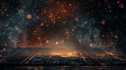 wooden table with Fire burning at the edge of the table, fire particles, sparks, and smoke in the air, with fire flames on a dark background.