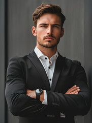 A handsome man in a suit, with his arms crossed and looking at the camera
