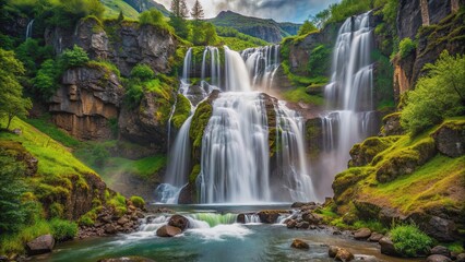 Obraz premium A stunning waterfall cascading down the rugged mountainside in a lush natural setting, waterfall, nature, mountains