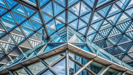 Fototapeta premium Close-up detail of a modern building roof with geometric shapes and glass windows, roof, building, architecture, design