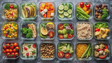 Healthy meal prepped in glass containers, arranged neatly from a top view, healthy, food, glass, containers, meal prep