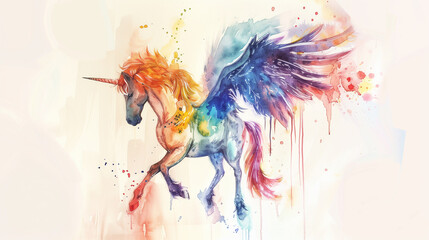a unicorn with blue wings, and colorful feathery mane, in the style of watercolor illustrations, light violet and light red, dark pink and yellow, dripping paint, full body, angura kei, bright 