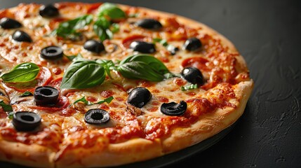 Black olive pizza with fresh basil on black background, black olive, gourmet, Italian, pizza, delicious