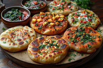 An assortment of Indian parathas, each topped with different ingredients like paneer, vegetables, and herbs.