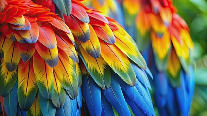 Fototapeta premium Colorful Scarlet macaw bird feathers in vibrant red, yellow, orange, and blue shades against an exotic nature background